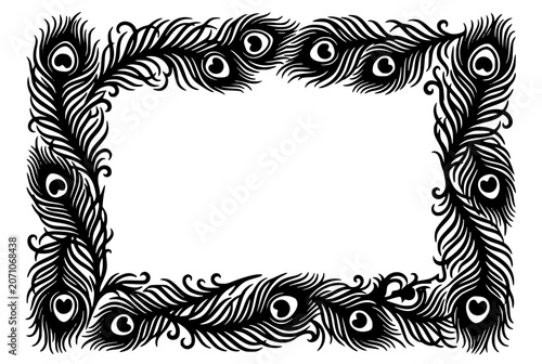 Peacock Feather Frame Black and White Vector Illustration