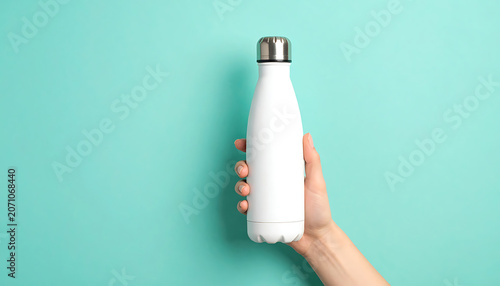 Hand holding a white reusable water bottle with a silver cap, isolated against a bright teal background, eco-friendly hydration concept