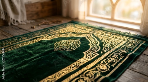Green Islamic Prayer Rug with Gold Ornate Pattern Near Window