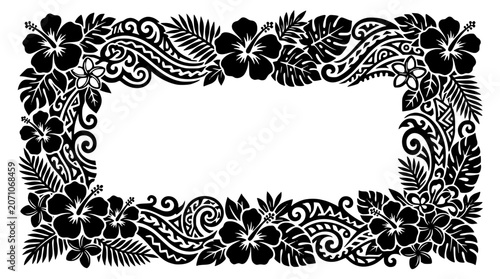 Polynesian Tribal Frame with Hibiscus and Tropical Leaves