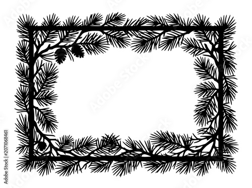 Pine branch and pine cone silhouette rectangular border frame design