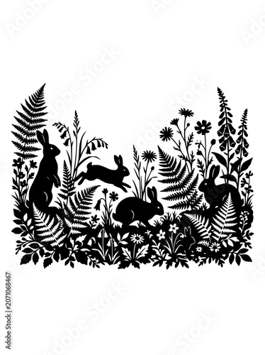 Rabbit silhouettes in a meadow with ferns and wildflowers paper-cut illustration