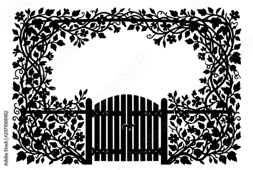 Silhouette of a garden gate with a decorative floral arbor frame