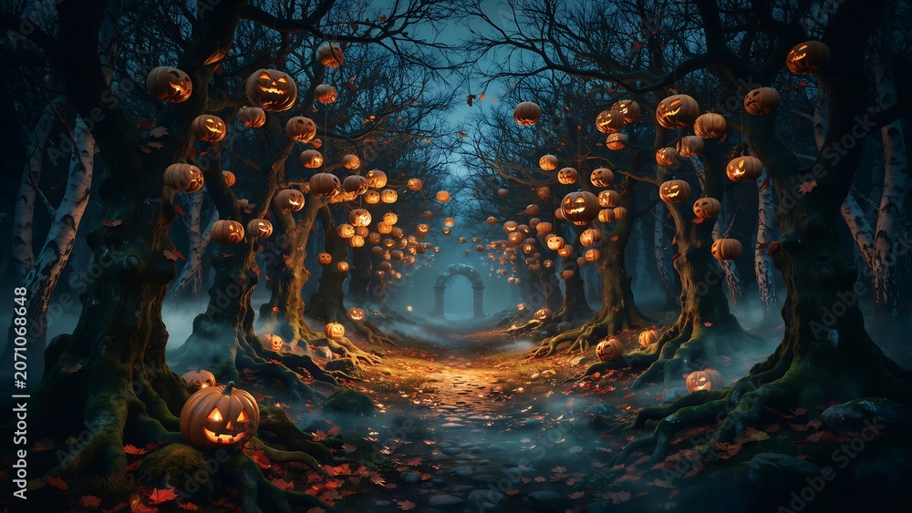 Fototapeta premium Haunted Forest Path With Floating Jack O Lantern Pumpkins