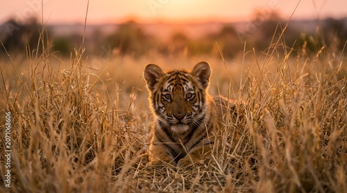 Cute tiger cub resting in dry grass at sunset, wild animal portrait