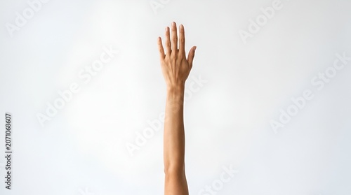 Hand raised up, asking question or voting, isolated on white background