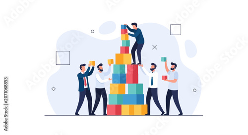 Teamwork building success pyramid with colorful blocks and business people