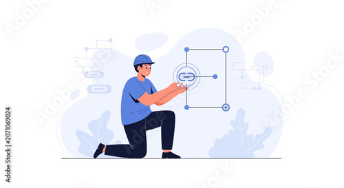 Technician Connecting Digital Link Symbol in Abstract Technology Network Illustration
