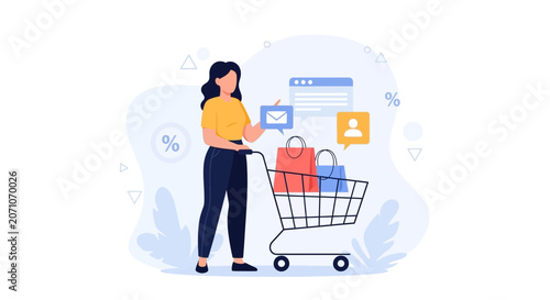 Woman with Shopping Cart and Online Shopping Icons, representing E-commerce and Customer Service