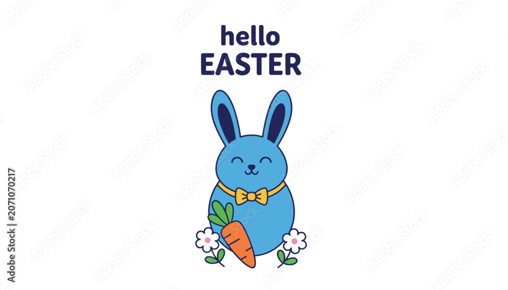 Fototapeta premium Adorable blue easter bunny wearing a yellow bow tie next to a tasty carrot and white flowers with text banner.