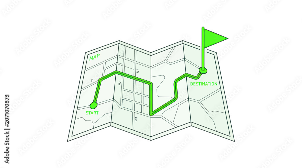 Fototapeta premium Folded Map with Green Route Line, Start and Destination Flags, Isolated on White