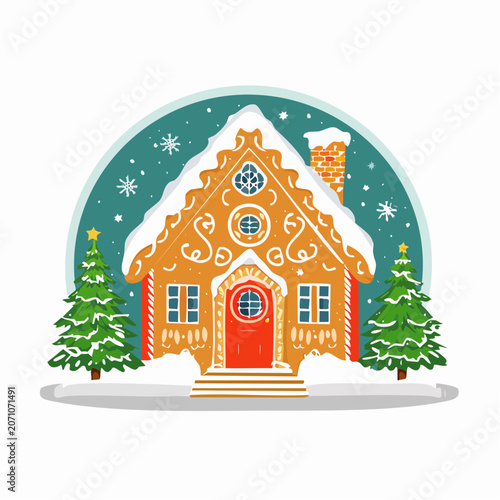 Gingerbread House with Christmas Trees and Snowflakes