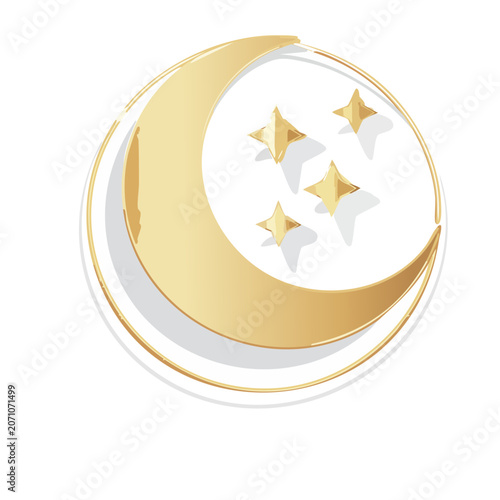 Golden Crescent Moon and Stars in Circular Frame