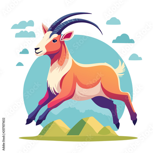 Stylized illustration of a jumping goat with mountains and clouds