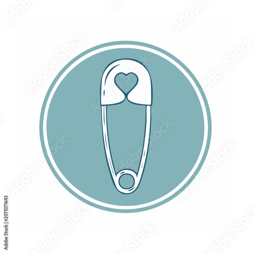 Teal circle with white safety pin and heart icon