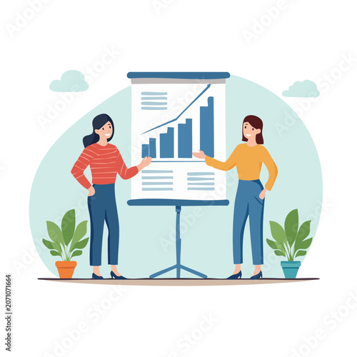 Two women giving a business presentation with a growth chart