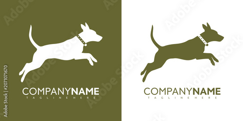 Fotografija A dog runs quickly on a green background with company logo.