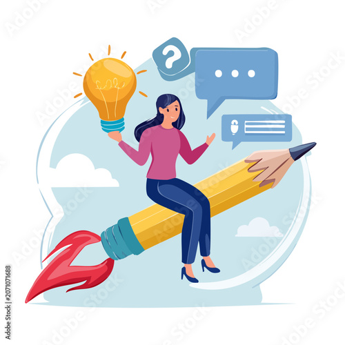 Woman riding pencil rocket with idea bulb and chat bubbles