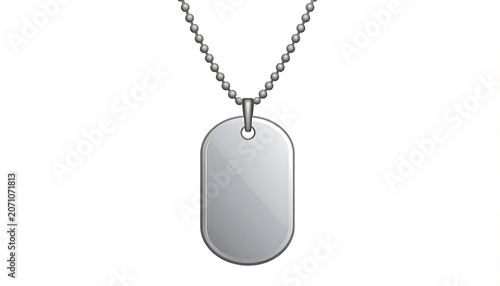 Isolated blank silver dog tag on a ball chain necklace, military or identification pendant, simple cutout