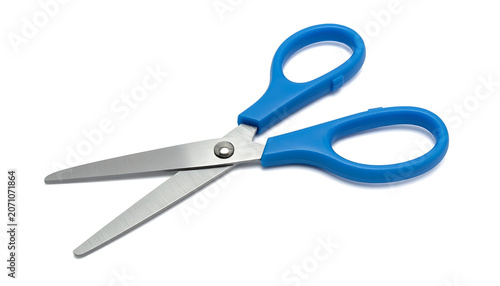 Isolated blue handled scissors with silver metal blades open on a white background, crafting tool