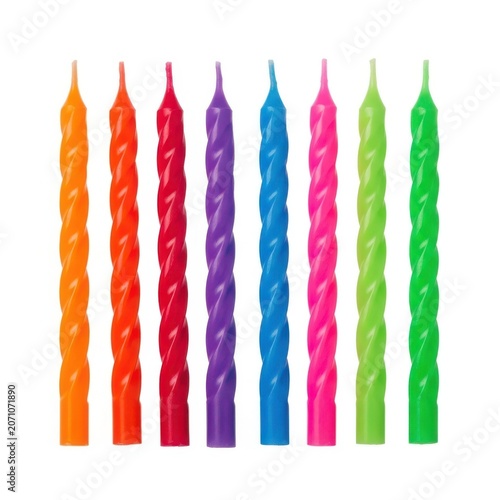 A Set Of Eight Colorful Spiral Birthday Candles Lined Up On White