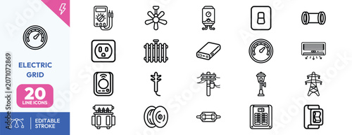 Electrical Network Icons icon set. Containing power meter, substation, grounding rod, fuse box, transmission line, circuit diagram. Editable stroke. Vector illustration.
