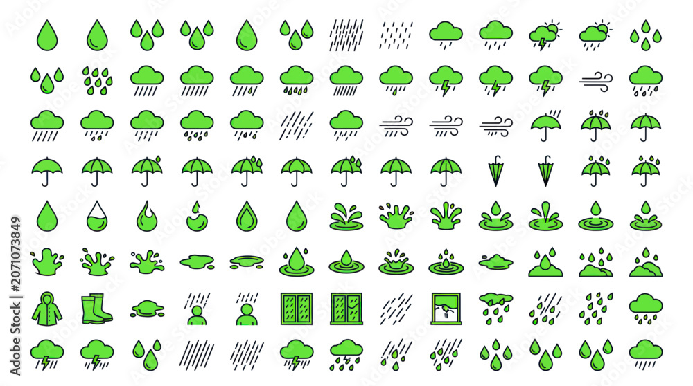 Fototapeta premium Weather Icons Set: Rain, Clouds, Umbrellas, Wind, Lightning, Boots