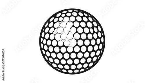 Isolated black and white line art golf ball graphic with dimpled surface texture, sport equipment and game symbol