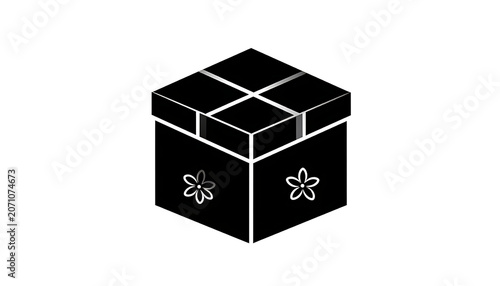 Isolated black isometric gift box with stylized floral ornaments and tape details, simple icon for celebration or packaging