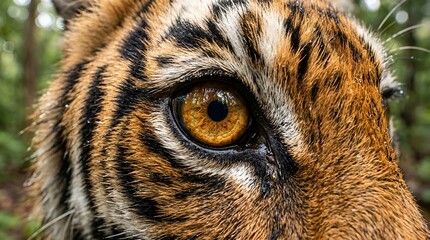 Close up of a tiger's piercing amber eye and striped fur in a natural forest setting.