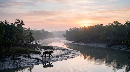 Tiger walking on muddy riverbank at sunrise in lush mangrove forest, Sundarbans
