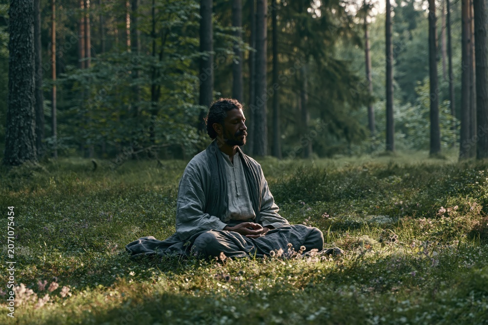 Fototapeta premium Meditation session in forest clearing soft natural light sere