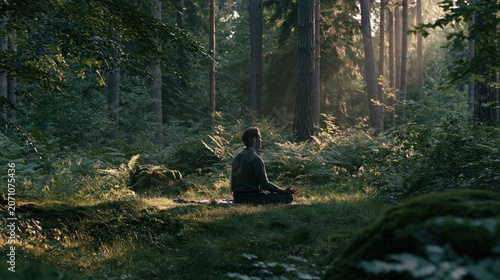 Meditation session in forest clearing soft natural light sere