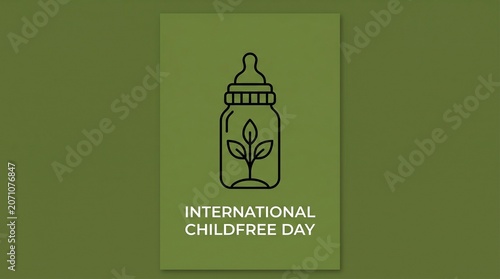 International Childfree Day conceptual poster, baby bottle with growing plant icon on green background, voluntary childlessness awareness graphic