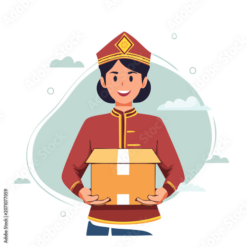 Person in traditional attire holding a cardboard box