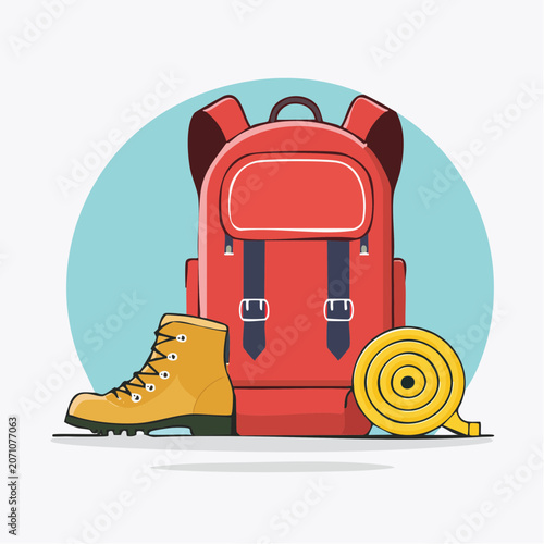 Red backpack, yellow hiking boot and rolled sleeping pad