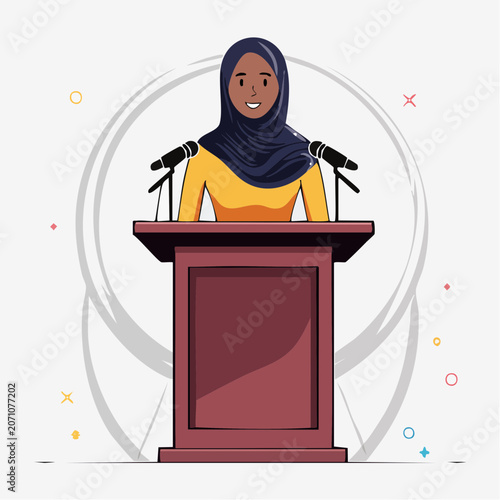 Woman in hijab speaking at a podium with microphones