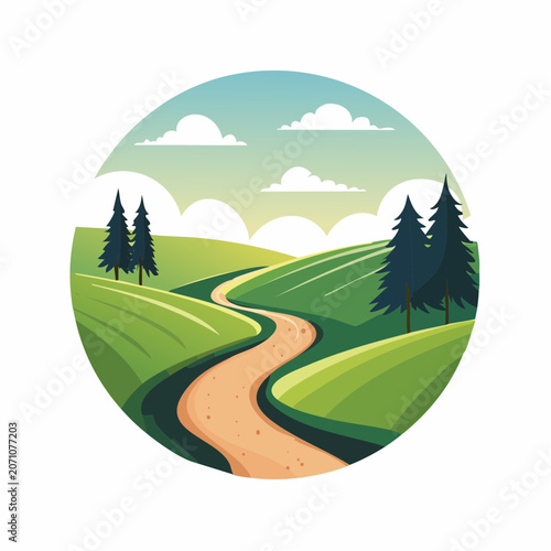 Winding road through green hills with trees and clouds