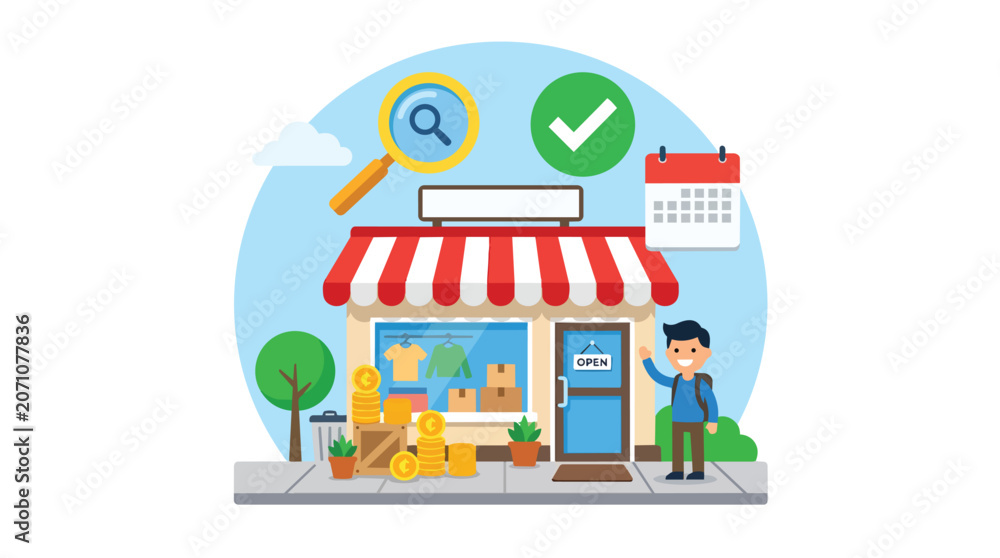 Fototapeta premium Retail shop storefront management icons in professional flat vector style for small business marketing