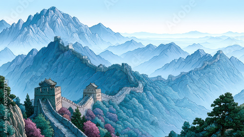 Great wall mountain landscape with ancient stone wall and watchtowers under clear blue sky Watercolor Style