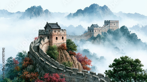 Great Wall of China winding through misty mountains with autumn trees and ancient watchtowers creating serene and majestic Watercolor Style