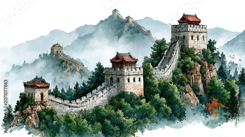 Great wall with watchtowers misty mountain landscape, ancient stone fortification surrounded by green forest and foggy atmosphere Watercolor Style