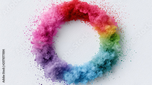 Colorful powder explosion forming vibrant circular shape with red, pink, purple, blue, green, and yellow hues on white background Watercolor Style