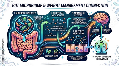 Gut microbiome and weight management connection medical infographic