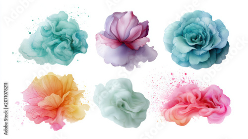 Soft colorful abstract flowers with delicate petals and splashes, artistic floral design in pastel tones Watercolor Style