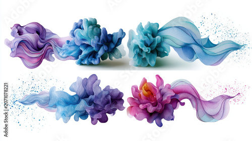 Colorful smoke clouds with flowing shapes in blue, purple, and pink hues, creating dynamic and artistic abstract forms. Watercolor Style