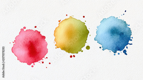Watercolor paint splashes red, yellow, and blue textured paper create vibrant and artistic abstract background with soft edges Watercolor Style
