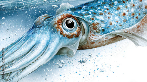 Close up of blue squid underwater with detailed eye and textured skin surrounded by bubbles in ocean environment Watercolor Style