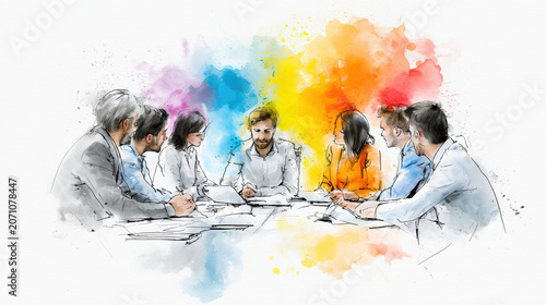 Group of people sitting around table engaged in colorful creative meeting with vibrant splashes of paint in background Watercolor Style