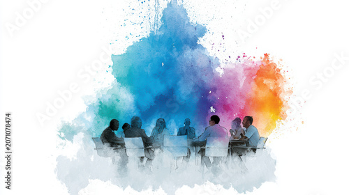 Business meeting with diverse people sitting at table, colorful watercolor splash background, teamwork and discussion concept Watercolor Style